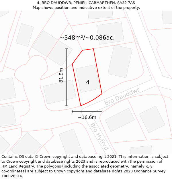 4, BRO DAUDDWR, PENIEL, CARMARTHEN, SA32 7AS: Plot and title map