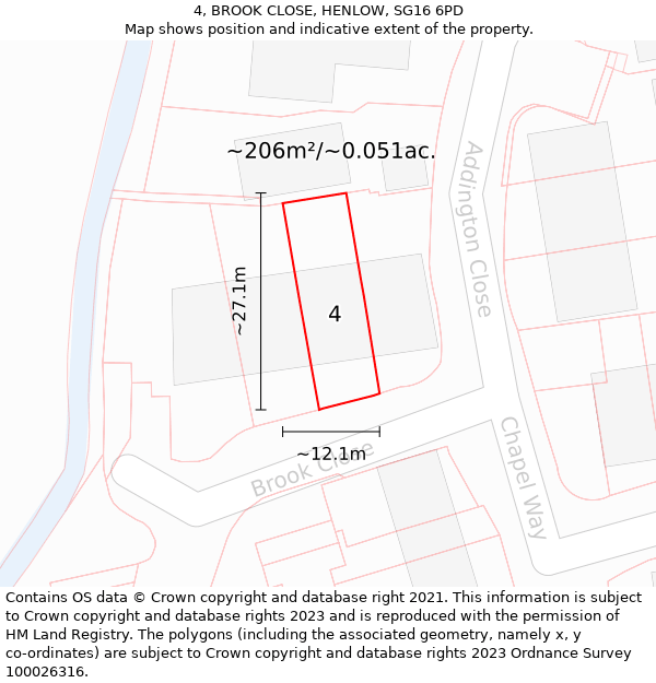 4, BROOK CLOSE, HENLOW, SG16 6PD: Plot and title map