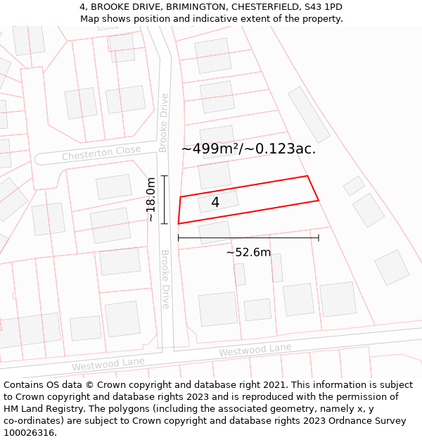 4, BROOKE DRIVE, BRIMINGTON, CHESTERFIELD, S43 1PD: Plot and title map