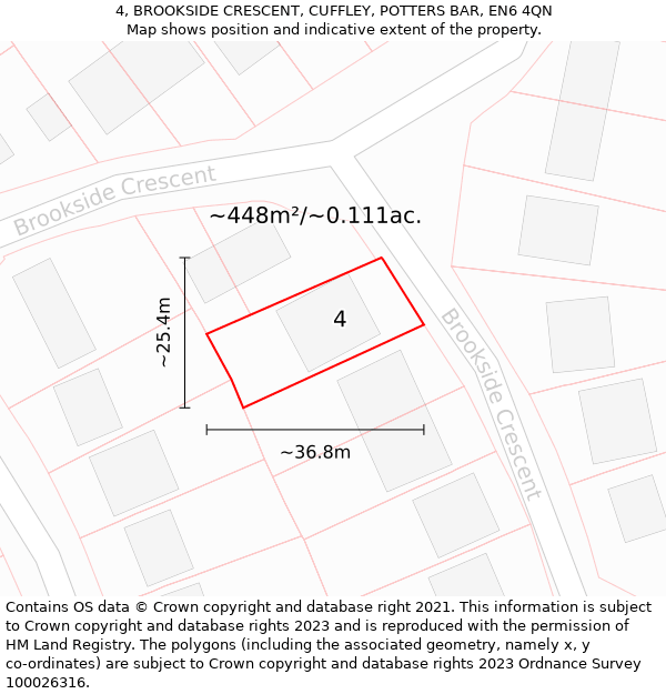 4, BROOKSIDE CRESCENT, CUFFLEY, POTTERS BAR, EN6 4QN: Plot and title map