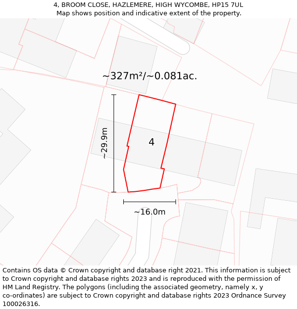 4, BROOM CLOSE, HAZLEMERE, HIGH WYCOMBE, HP15 7UL: Plot and title map