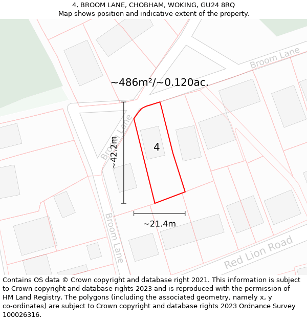 4, BROOM LANE, CHOBHAM, WOKING, GU24 8RQ: Plot and title map