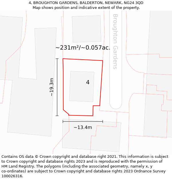 4, BROUGHTON GARDENS, BALDERTON, NEWARK, NG24 3QD: Plot and title map