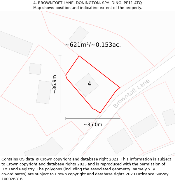 4, BROWNTOFT LANE, DONINGTON, SPALDING, PE11 4TQ: Plot and title map