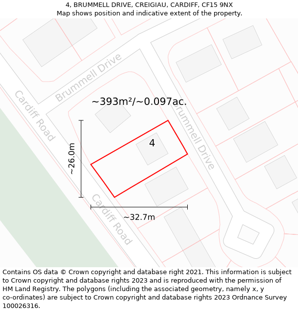 4, BRUMMELL DRIVE, CREIGIAU, CARDIFF, CF15 9NX: Plot and title map