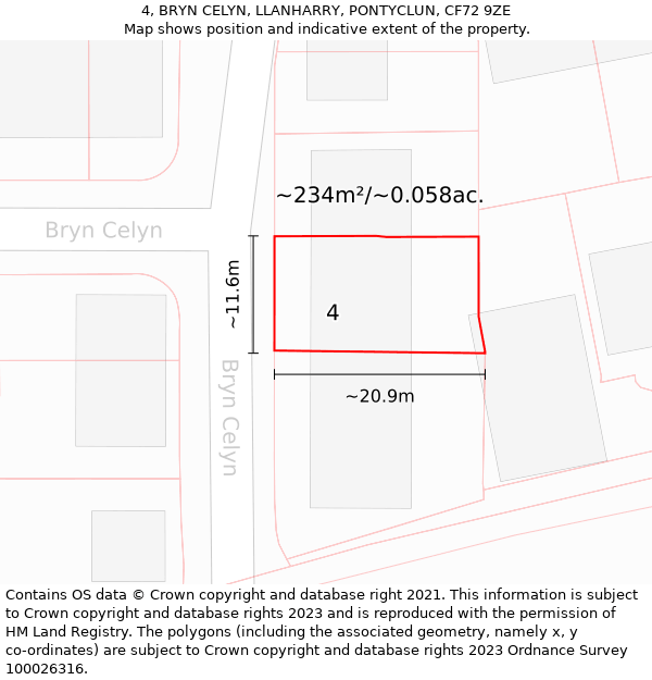 4, BRYN CELYN, LLANHARRY, PONTYCLUN, CF72 9ZE: Plot and title map