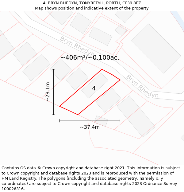 4, BRYN RHEDYN, TONYREFAIL, PORTH, CF39 8EZ: Plot and title map