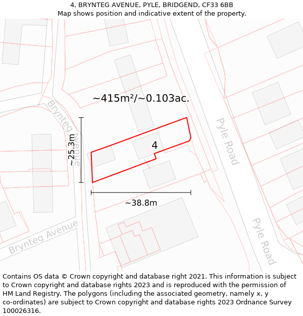 4, BRYNTEG AVENUE, PYLE, BRIDGEND, CF33 6BB: Plot and title map