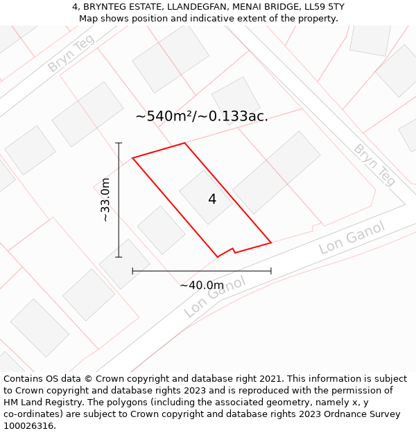 4, BRYNTEG ESTATE, LLANDEGFAN, MENAI BRIDGE, LL59 5TY: Plot and title map