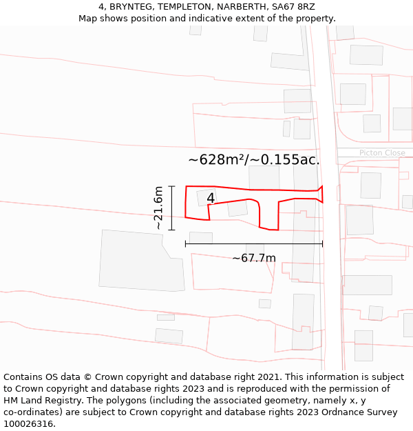 4, BRYNTEG, TEMPLETON, NARBERTH, SA67 8RZ: Plot and title map