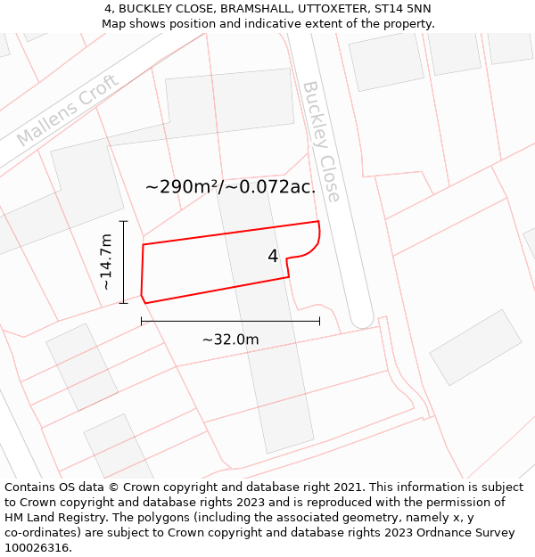 4, BUCKLEY CLOSE, BRAMSHALL, UTTOXETER, ST14 5NN: Plot and title map