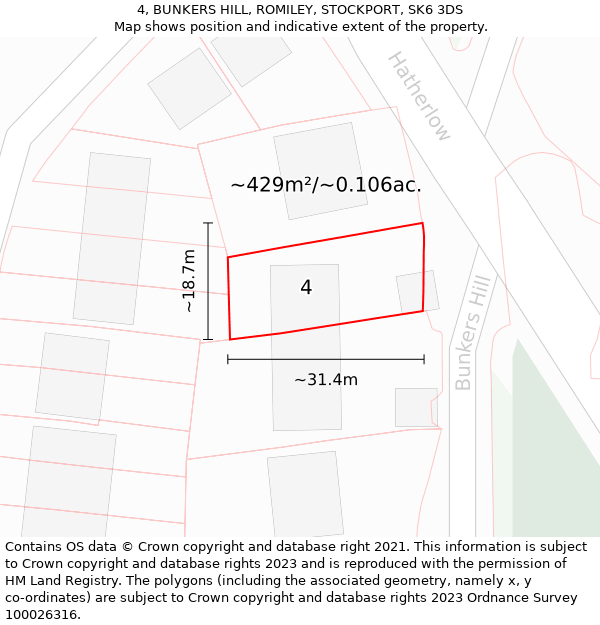 4, BUNKERS HILL, ROMILEY, STOCKPORT, SK6 3DS: Plot and title map