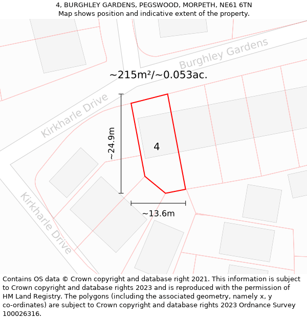 4, BURGHLEY GARDENS, PEGSWOOD, MORPETH, NE61 6TN: Plot and title map