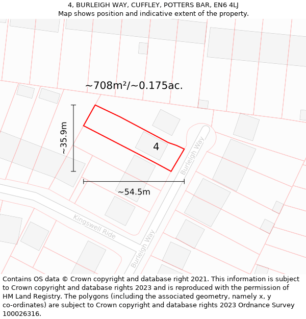 4, BURLEIGH WAY, CUFFLEY, POTTERS BAR, EN6 4LJ: Plot and title map