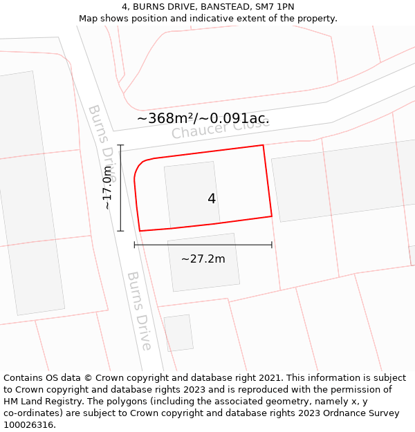 4, BURNS DRIVE, BANSTEAD, SM7 1PN: Plot and title map