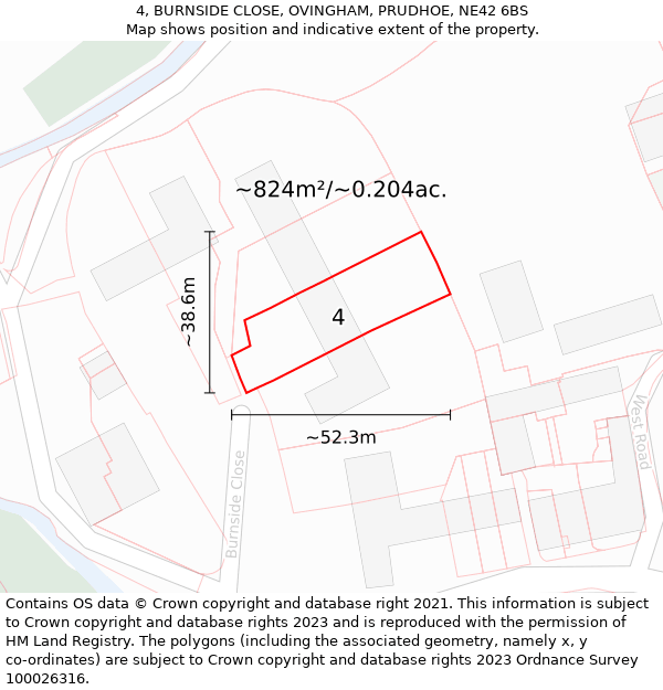 4, BURNSIDE CLOSE, OVINGHAM, PRUDHOE, NE42 6BS: Plot and title map