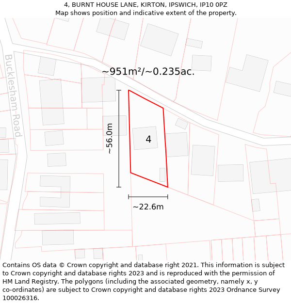 4, BURNT HOUSE LANE, KIRTON, IPSWICH, IP10 0PZ: Plot and title map