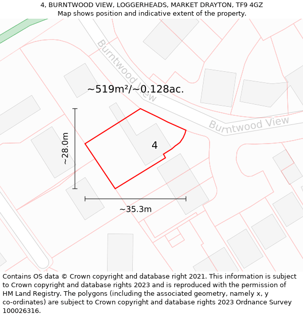 4, BURNTWOOD VIEW, LOGGERHEADS, MARKET DRAYTON, TF9 4GZ: Plot and title map