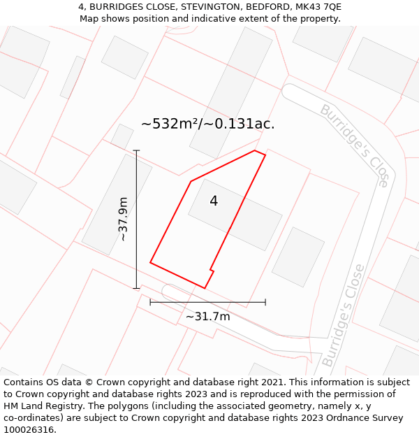 4, BURRIDGES CLOSE, STEVINGTON, BEDFORD, MK43 7QE: Plot and title map