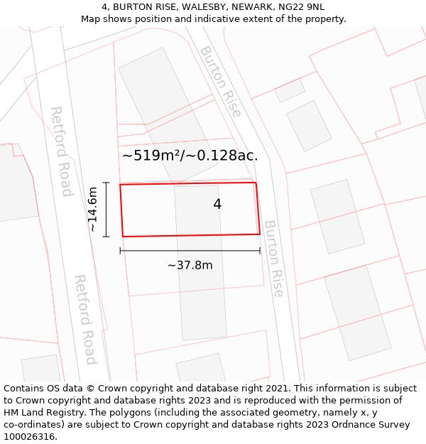 4, BURTON RISE, WALESBY, NEWARK, NG22 9NL: Plot and title map