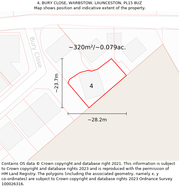 4, BURY CLOSE, WARBSTOW, LAUNCESTON, PL15 8UZ: Plot and title map