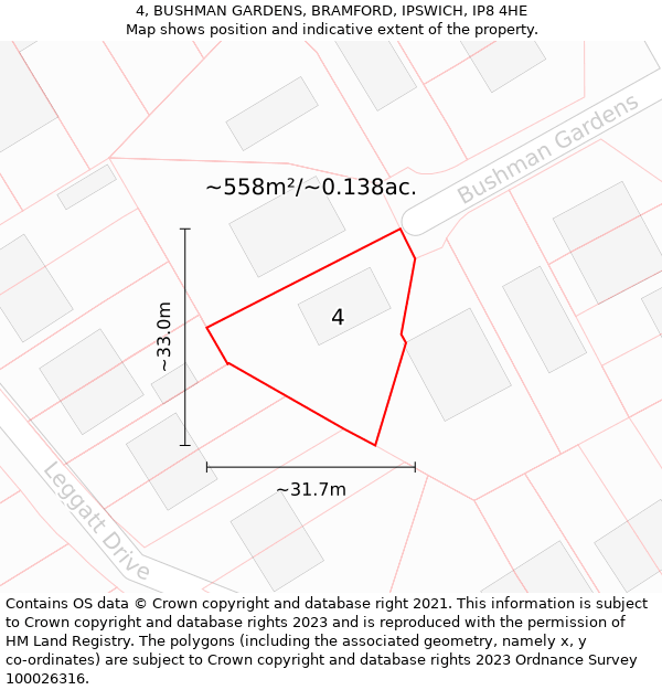 4, BUSHMAN GARDENS, BRAMFORD, IPSWICH, IP8 4HE: Plot and title map