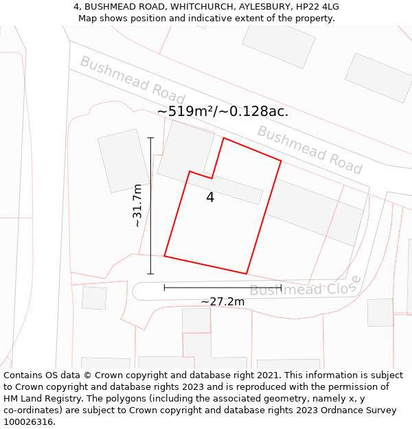 4, BUSHMEAD ROAD, WHITCHURCH, AYLESBURY, HP22 4LG: Plot and title map