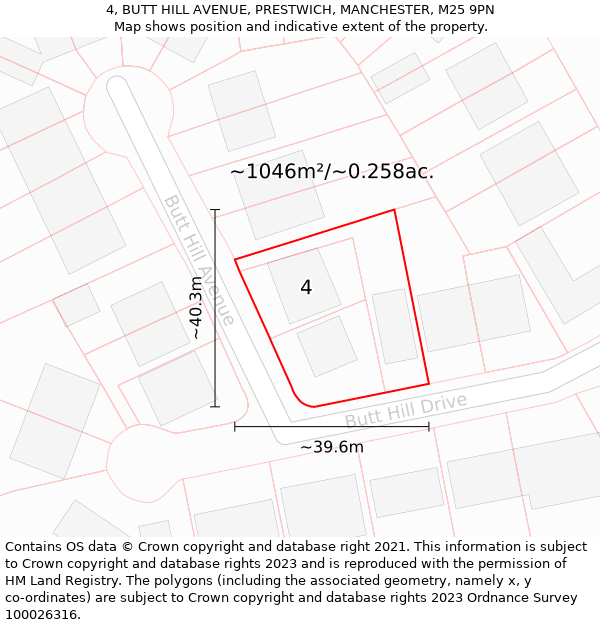 4, BUTT HILL AVENUE, PRESTWICH, MANCHESTER, M25 9PN: Plot and title map