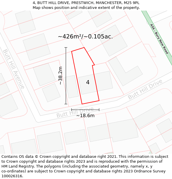 4, BUTT HILL DRIVE, PRESTWICH, MANCHESTER, M25 9PL: Plot and title map