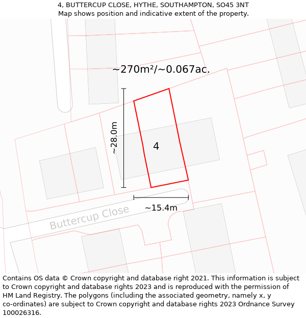 4, BUTTERCUP CLOSE, HYTHE, SOUTHAMPTON, SO45 3NT: Plot and title map