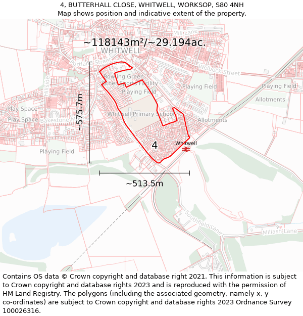 4, BUTTERHALL CLOSE, WHITWELL, WORKSOP, S80 4NH: Plot and title map