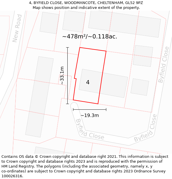 4, BYFIELD CLOSE, WOODMANCOTE, CHELTENHAM, GL52 9PZ: Plot and title map