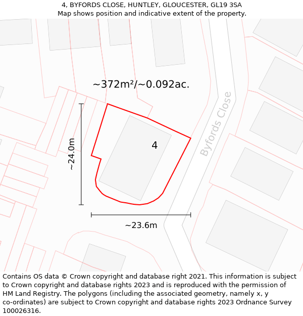 4, BYFORDS CLOSE, HUNTLEY, GLOUCESTER, GL19 3SA: Plot and title map