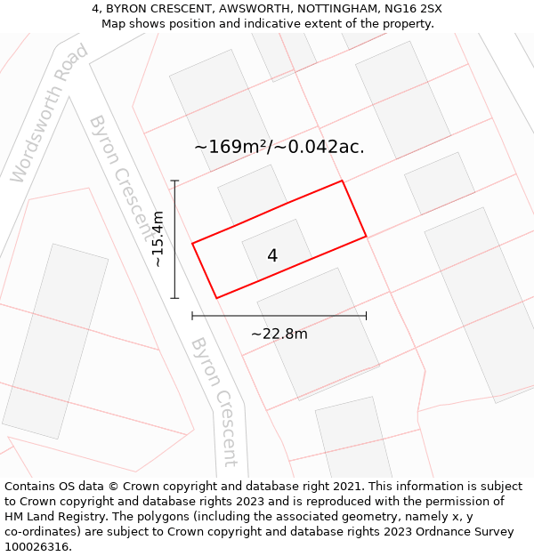 4, BYRON CRESCENT, AWSWORTH, NOTTINGHAM, NG16 2SX: Plot and title map