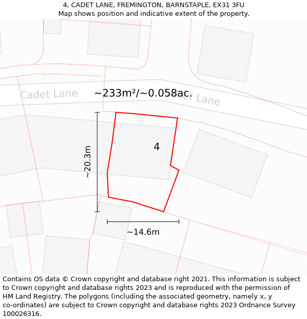 4, CADET LANE, FREMINGTON, BARNSTAPLE, EX31 3FU: Plot and title map