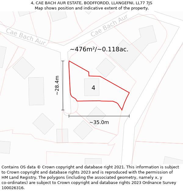 4, CAE BACH AUR ESTATE, BODFFORDD, LLANGEFNI, LL77 7JS: Plot and title map