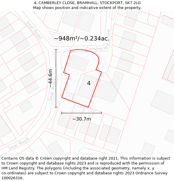 4, CAMBERLEY CLOSE, BRAMHALL, STOCKPORT, SK7 2LG: Plot and title map