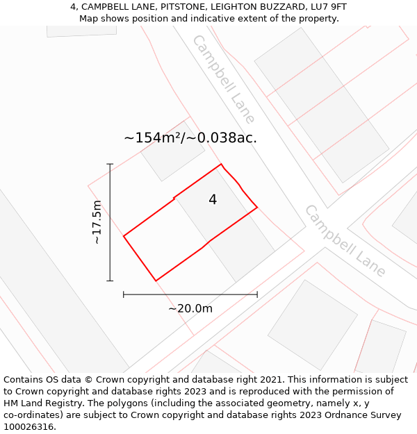 4, CAMPBELL LANE, PITSTONE, LEIGHTON BUZZARD, LU7 9FT: Plot and title map