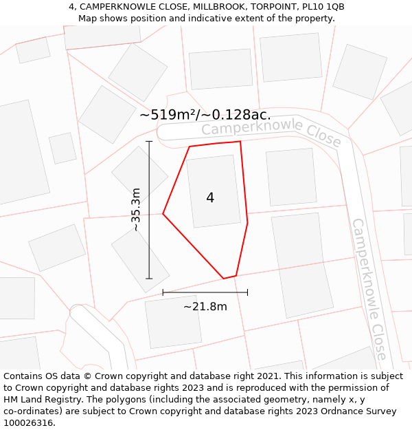 4, CAMPERKNOWLE CLOSE, MILLBROOK, TORPOINT, PL10 1QB: Plot and title map