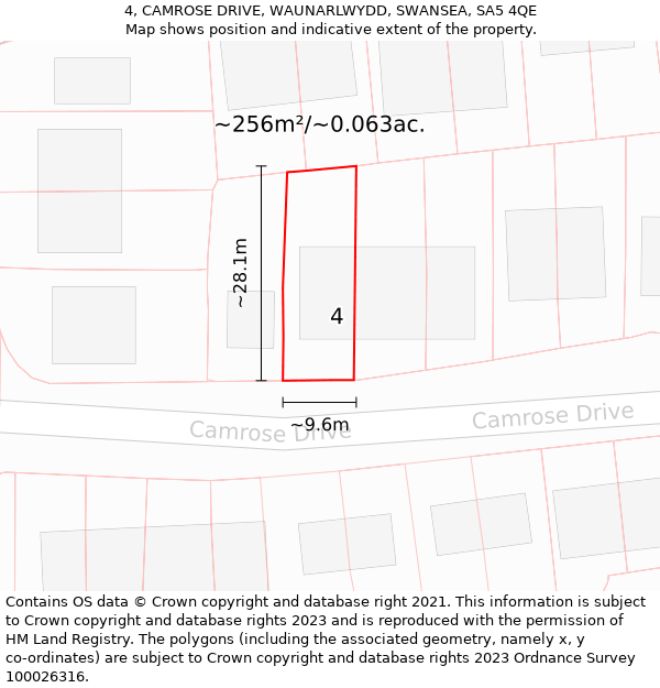 4, CAMROSE DRIVE, WAUNARLWYDD, SWANSEA, SA5 4QE: Plot and title map