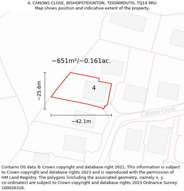 4, CANONS CLOSE, BISHOPSTEIGNTON, TEIGNMOUTH, TQ14 9RU: Plot and title map