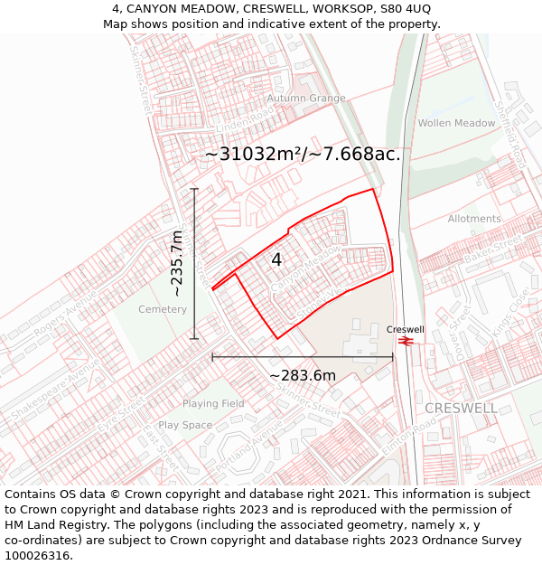 4, CANYON MEADOW, CRESWELL, WORKSOP, S80 4UQ: Plot and title map