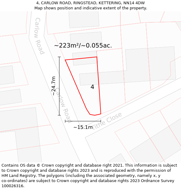 4, CARLOW ROAD, RINGSTEAD, KETTERING, NN14 4DW: Plot and title map