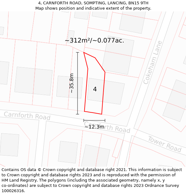 4, CARNFORTH ROAD, SOMPTING, LANCING, BN15 9TH: Plot and title map