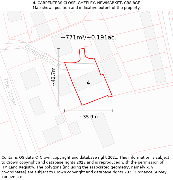 4, CARPENTERS CLOSE, GAZELEY, NEWMARKET, CB8 8GE: Plot and title map