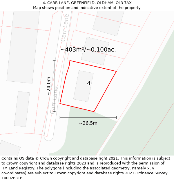 4, CARR LANE, GREENFIELD, OLDHAM, OL3 7AX: Plot and title map