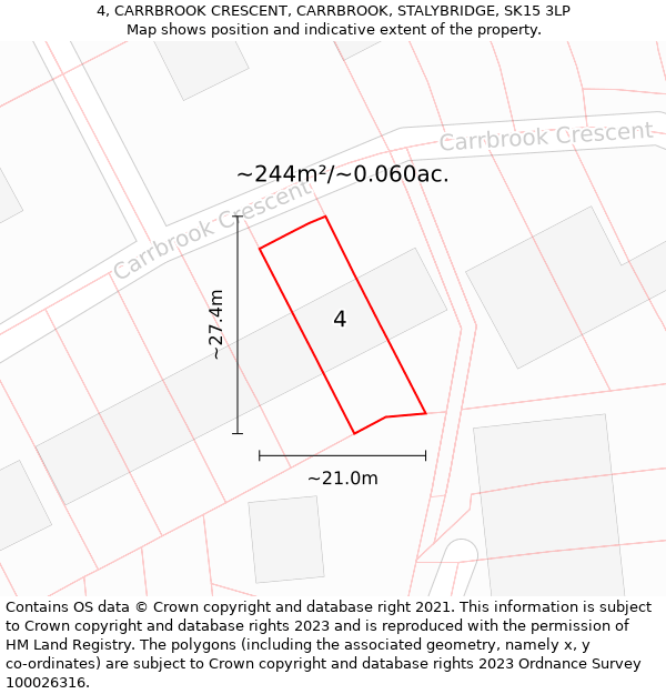 4, CARRBROOK CRESCENT, CARRBROOK, STALYBRIDGE, SK15 3LP: Plot and title map