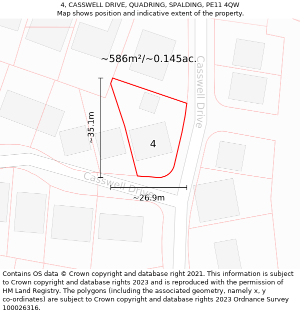 4, CASSWELL DRIVE, QUADRING, SPALDING, PE11 4QW: Plot and title map