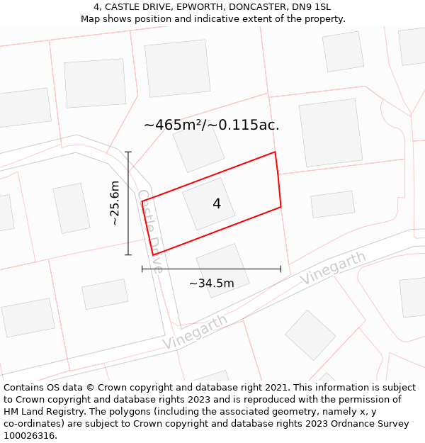 4, CASTLE DRIVE, EPWORTH, DONCASTER, DN9 1SL: Plot and title map