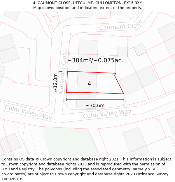 4, CAUMONT CLOSE, UFFCULME, CULLOMPTON, EX15 3XY: Plot and title map